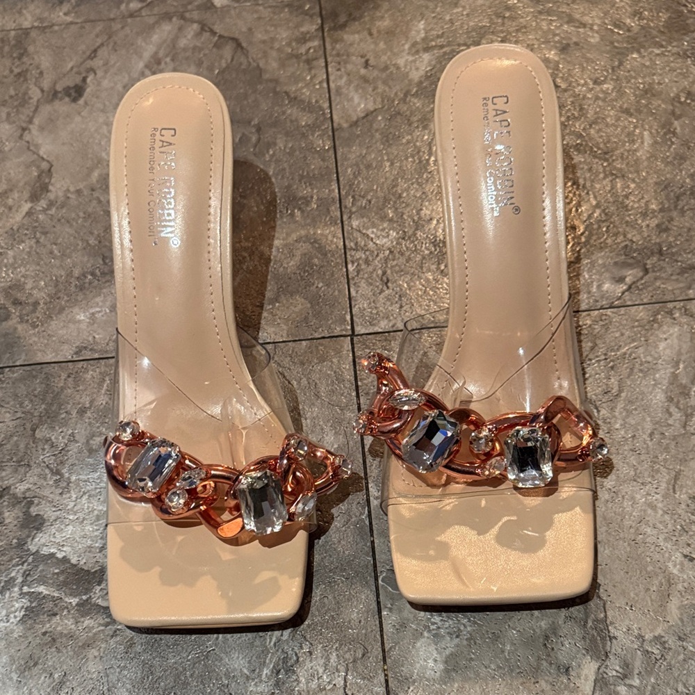 Cape Robbin Clear and Gold Heels with Crystal Accents